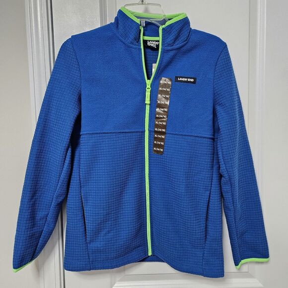 NWT Land’s End Kids XL 14-16 Full Zip Fleece Blue Neon Trim Waffle Weave Jacket - Picture 1 of 7